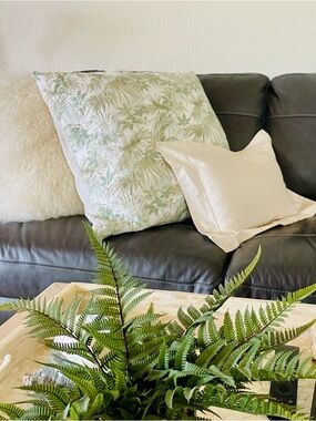 Set of Two Botanical Palm Print Euro Sham Pillows- Green & Cream
